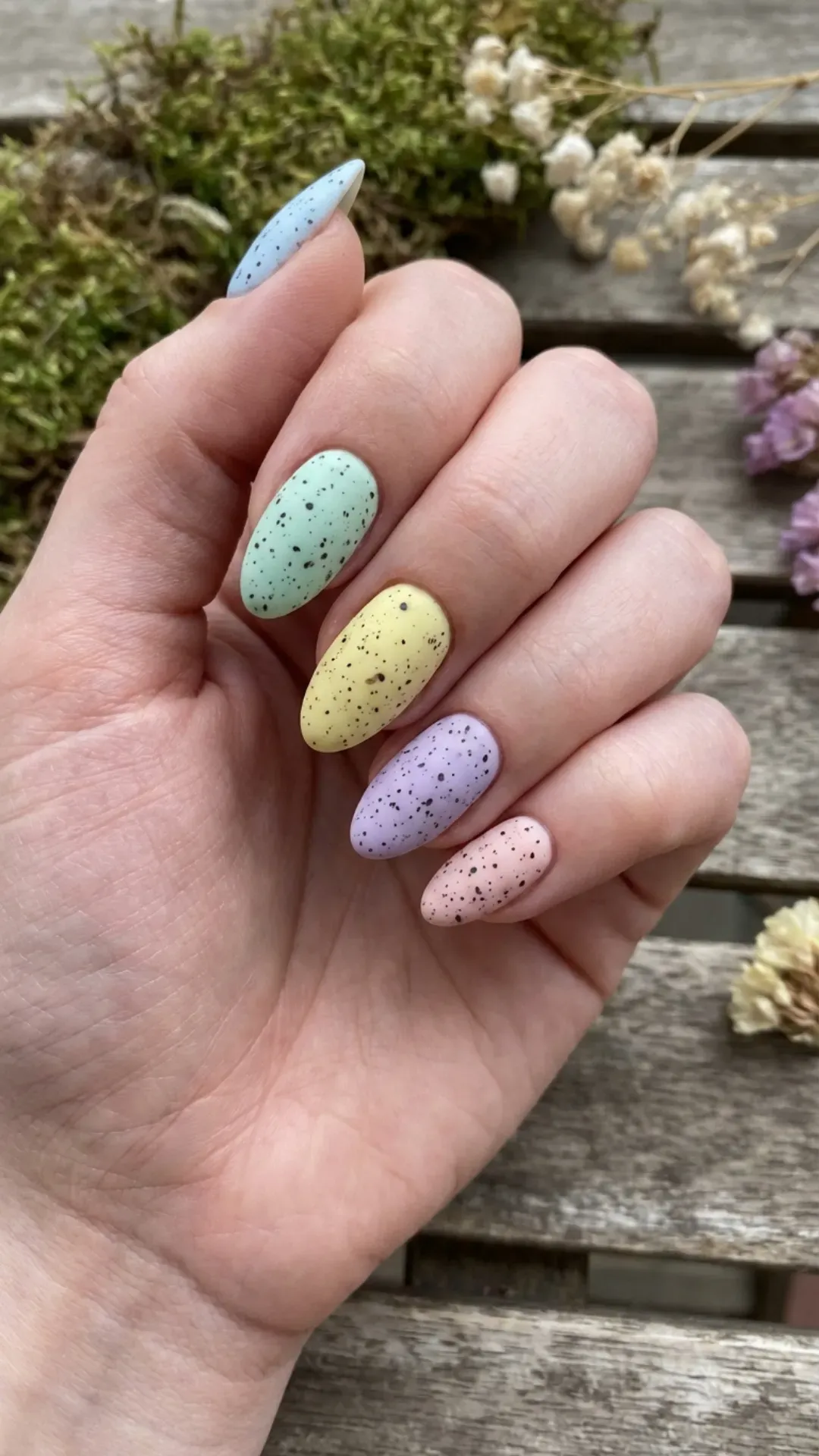 speckled egg pastel March nails with matte finish