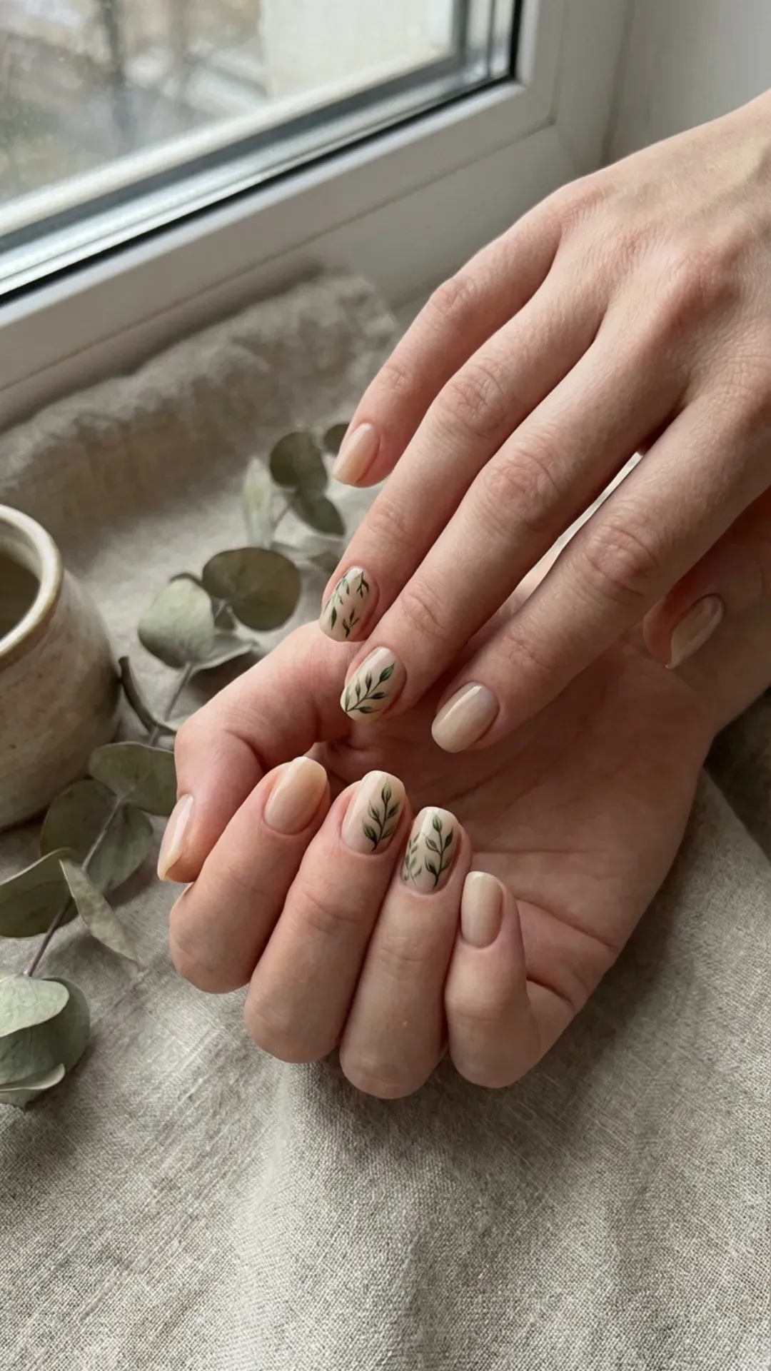  Nude nails with green leaf accent botanical manicure