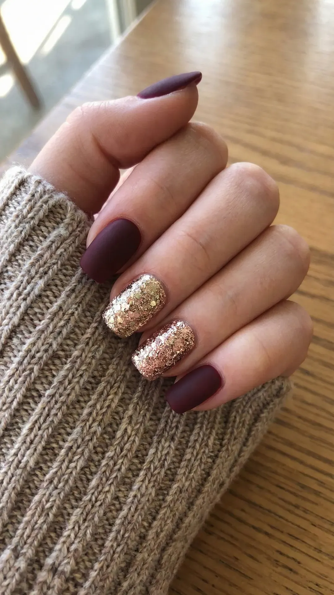 Short square nails with matte burgundy polish and chunky gold glitter accent nails, cozy sweater background