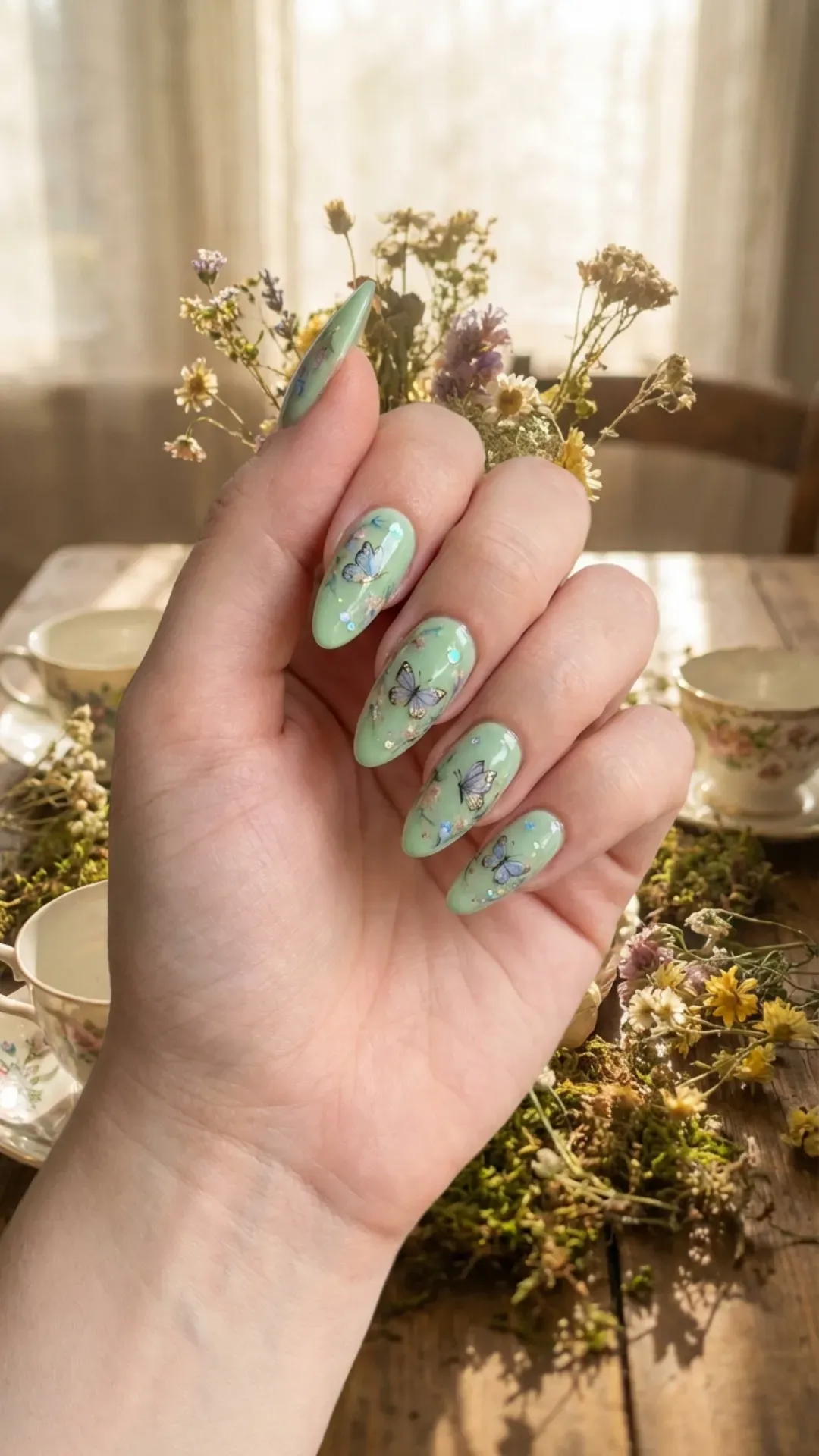 Green butterfly nail art whimsical glossy manicure