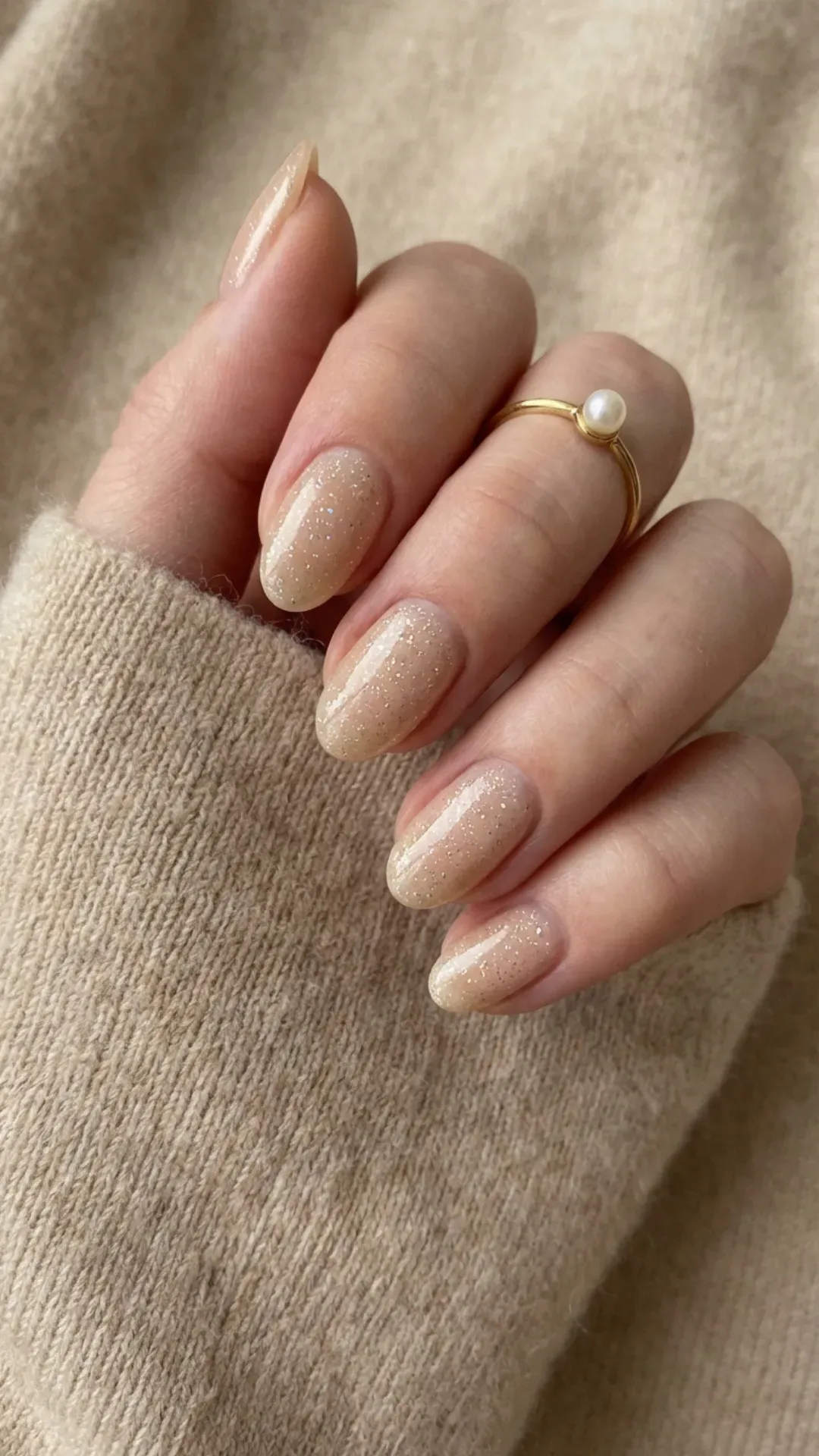Nude shimmer gorgeous nails with micro glitter