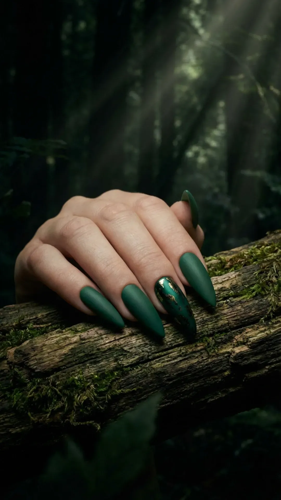 Matte forest green stiletto nails bold dramatic manicure