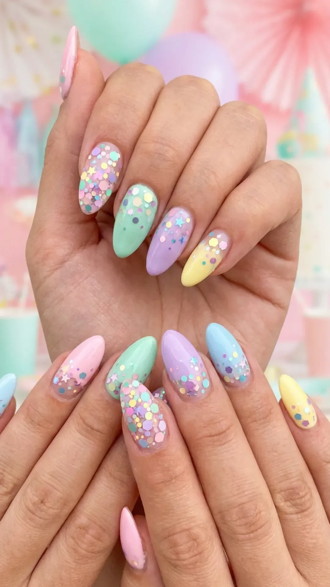 confetti pastel March nails with glitter pieces