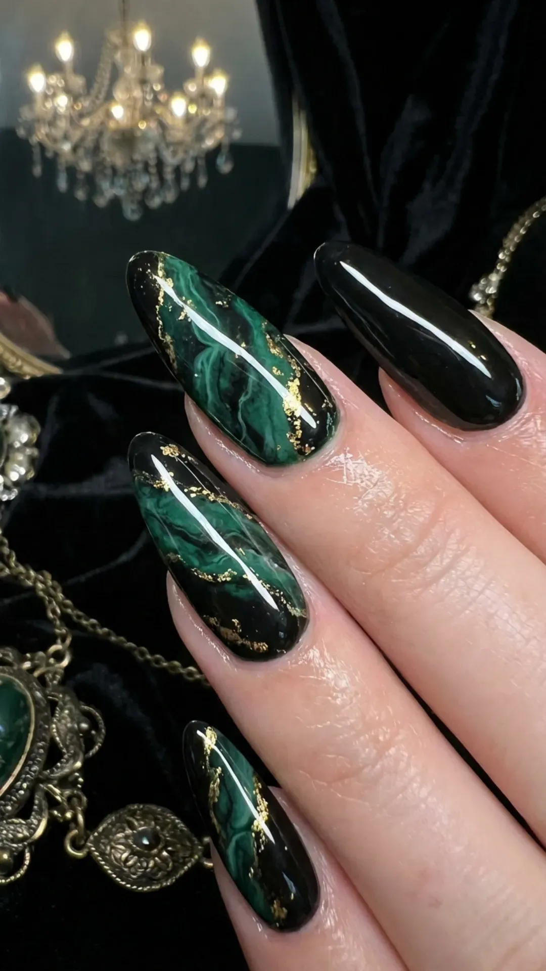 Black and dark green marble nail art glossy finish