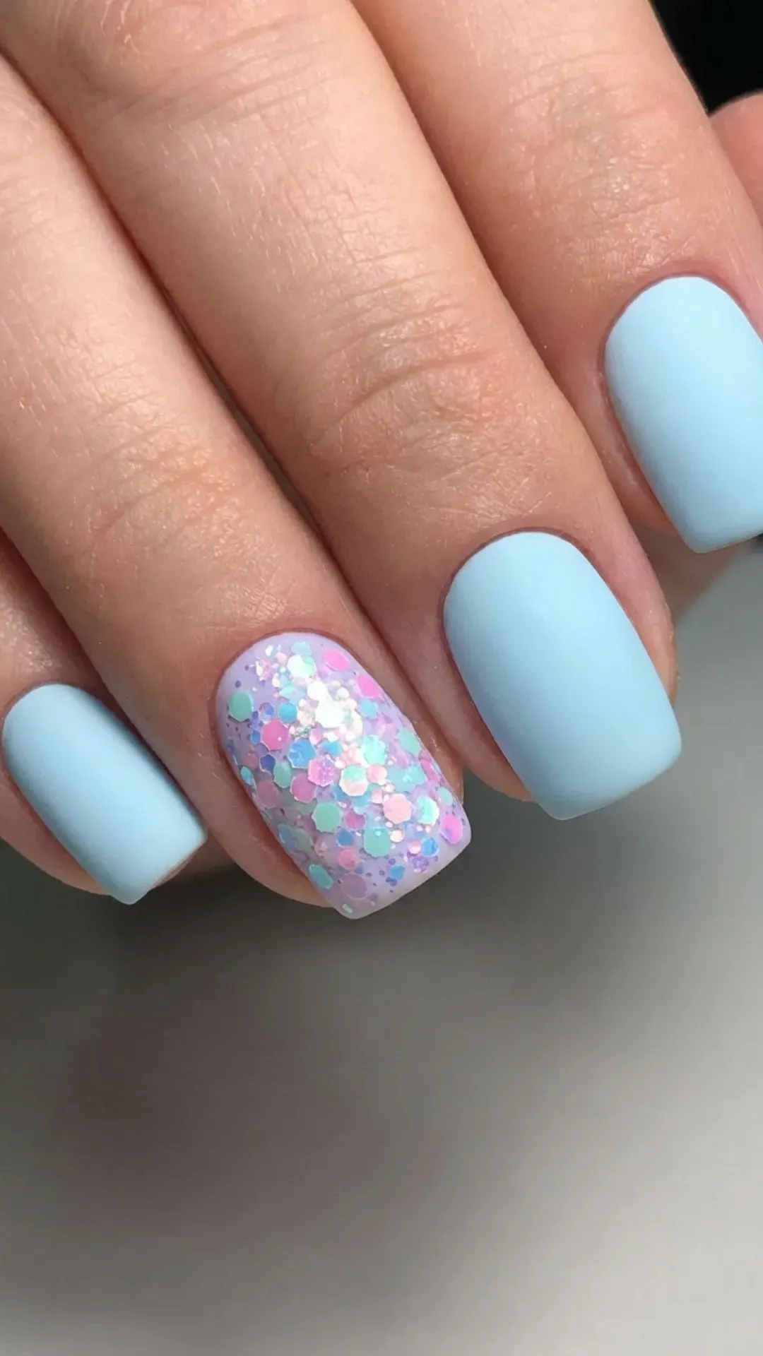 pastel March nails with glitter accent finger