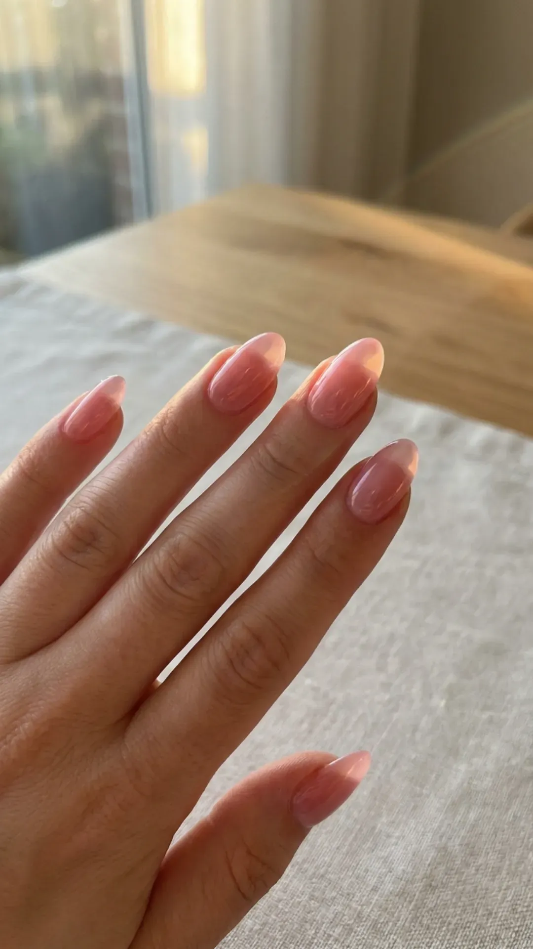  translucent pink jelly almond nails glossy finish