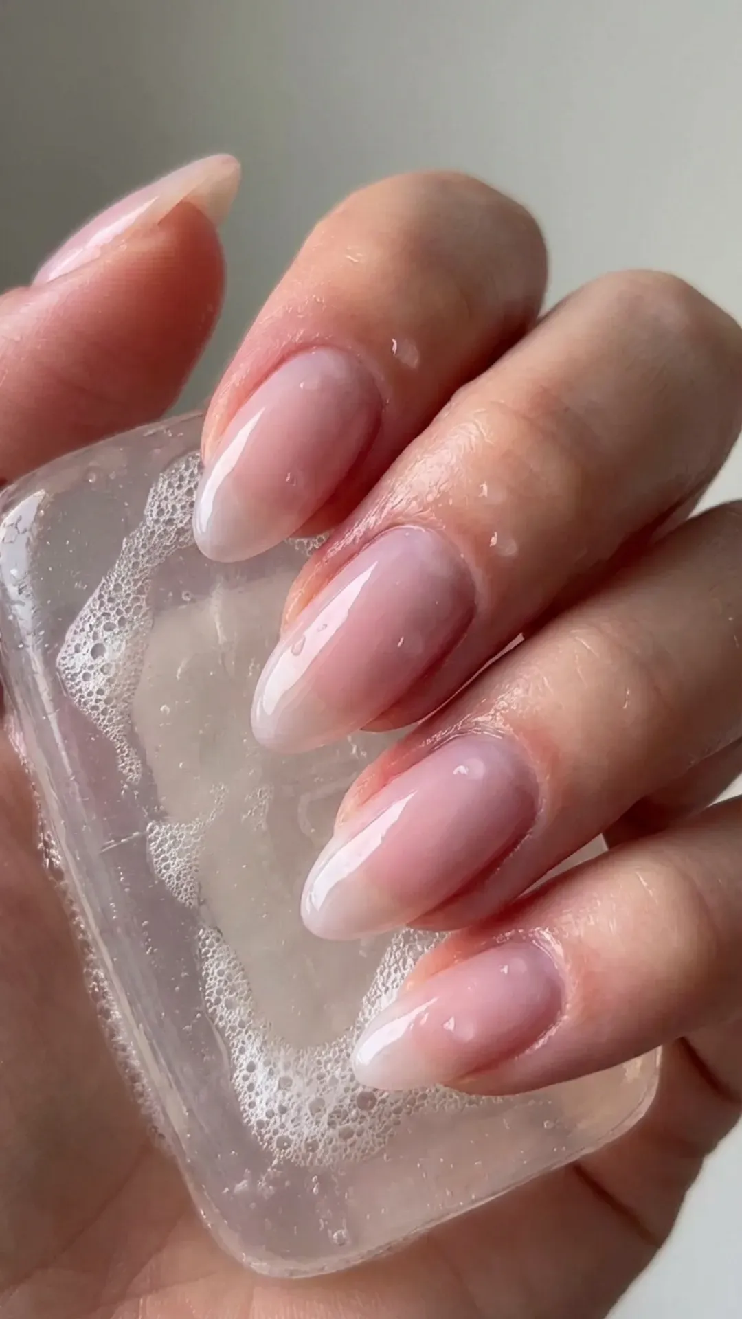 Soap trend gorgeous nails, ultra glossy transparent pink manicure