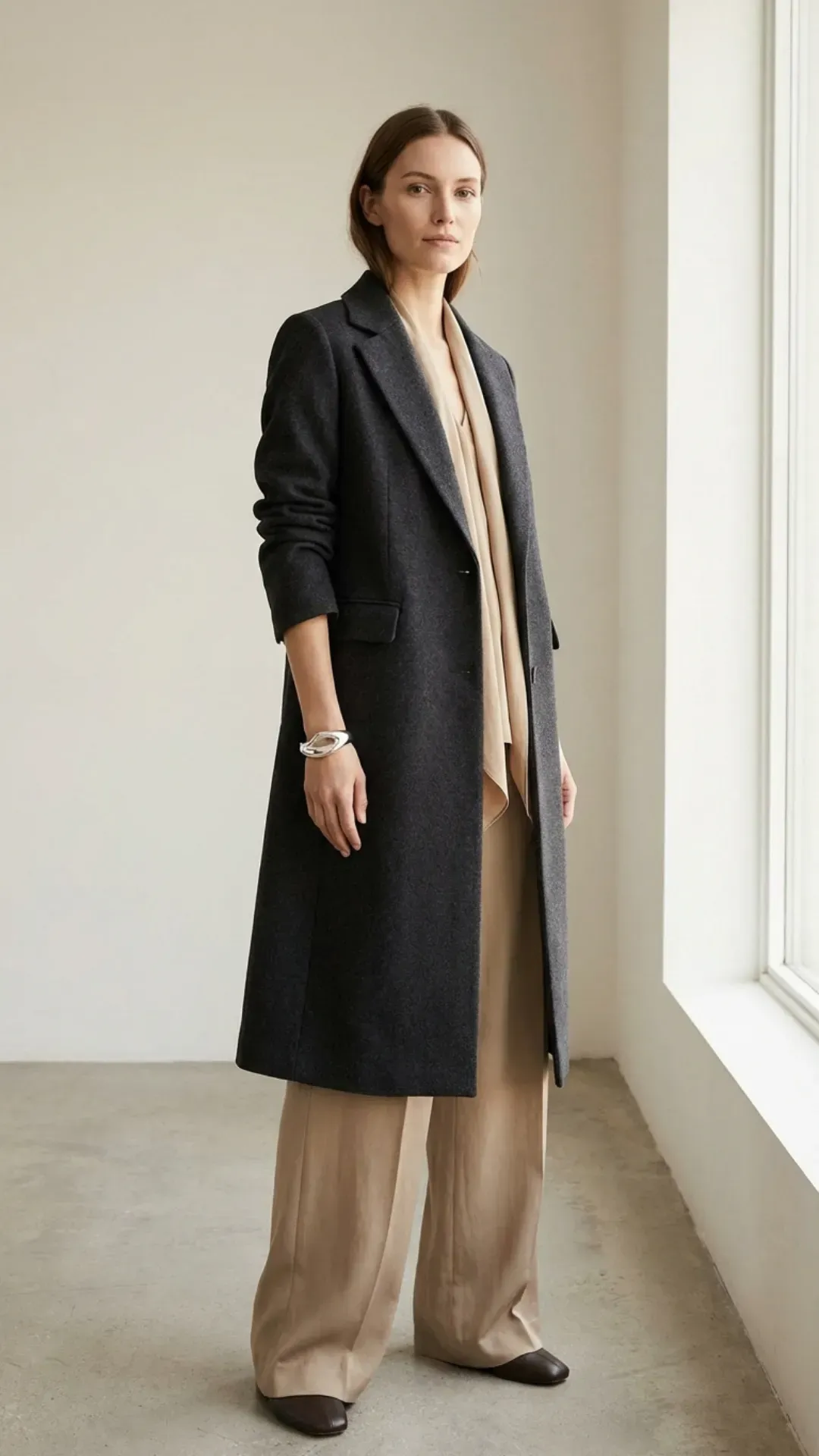 Structured dark coat styled over a neutral base outfit, demonstrating balance and restraint in modern elegant dressing
