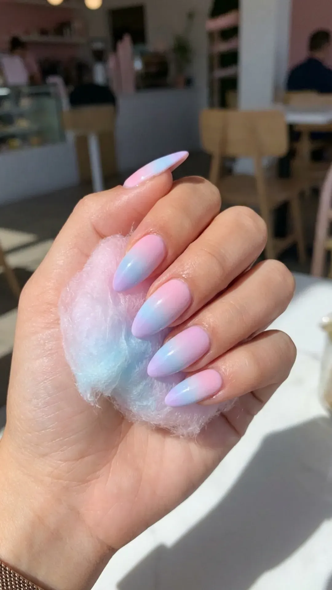 cotton candy gradient March nails in pink and blue