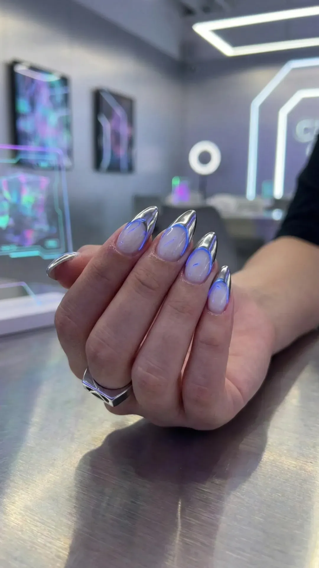 Chrome French tip gorgeous nails, futuristic manicure style