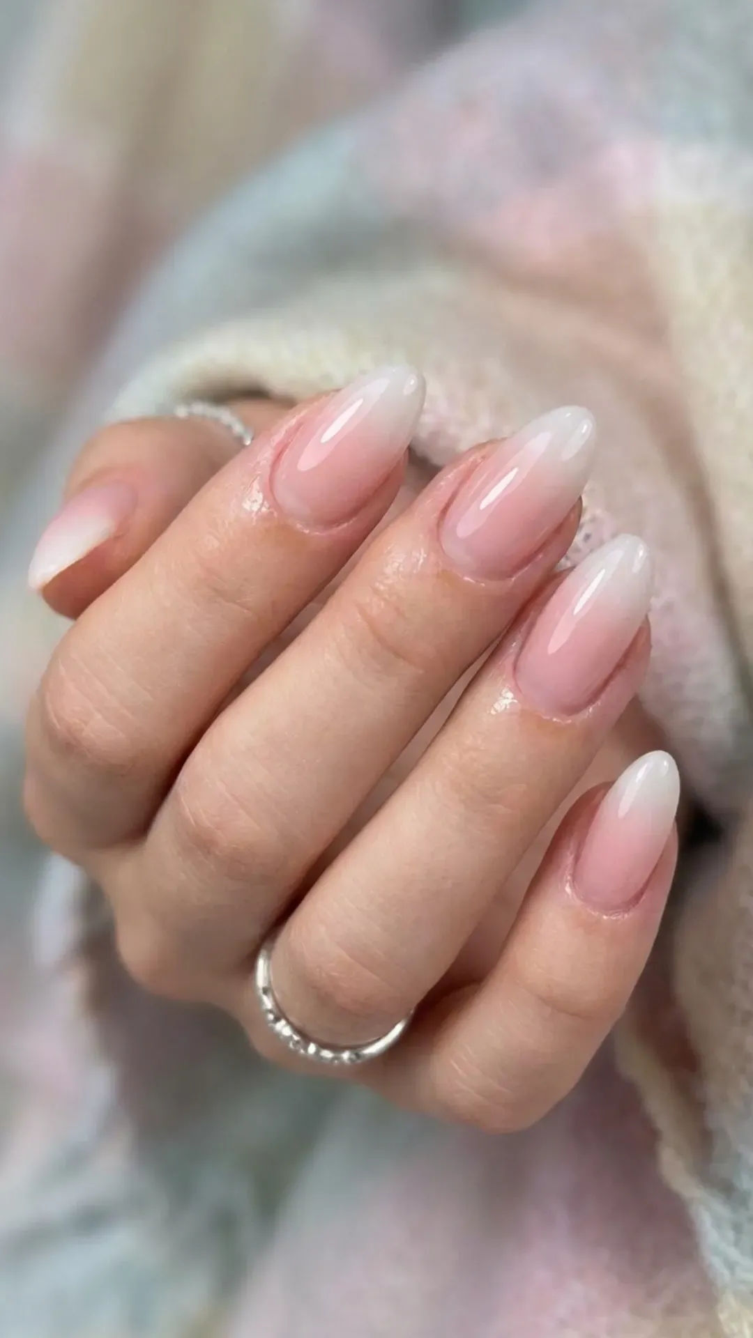 sheer pink natural March nails with glossy finish