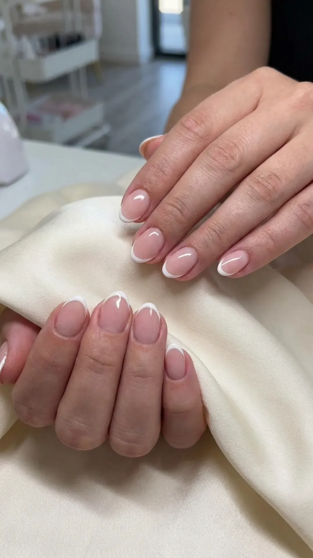 micro French tip March nails on nude base