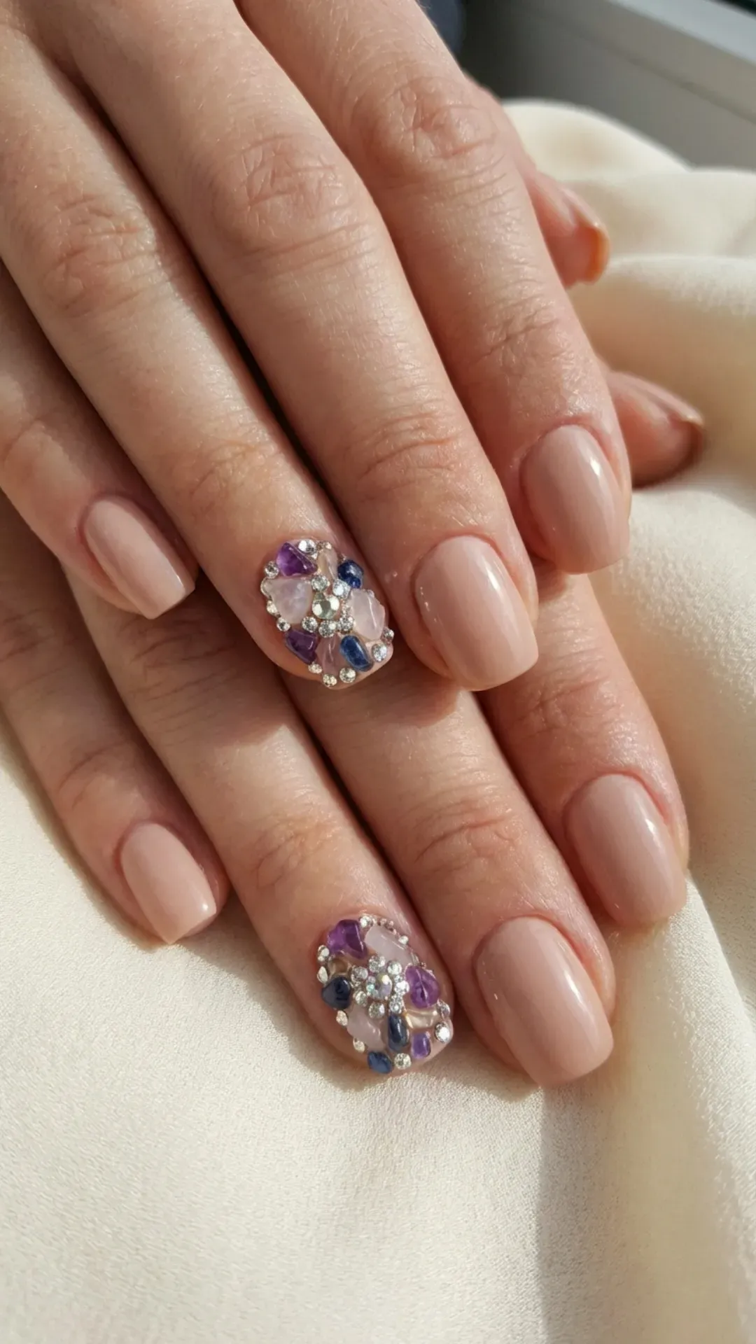 Gem accent gorgeous nails with rhinestones on nude base