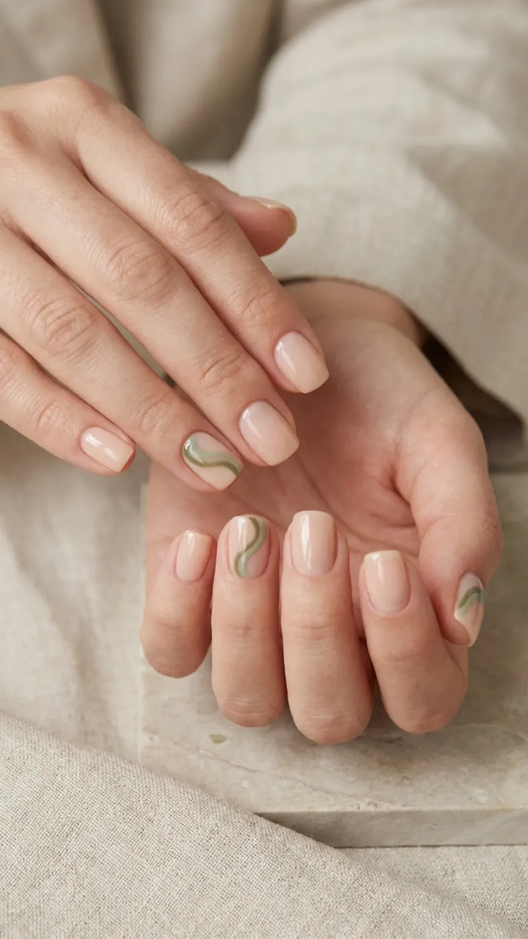 Nude nails with minimal green swirl accent modern manicure