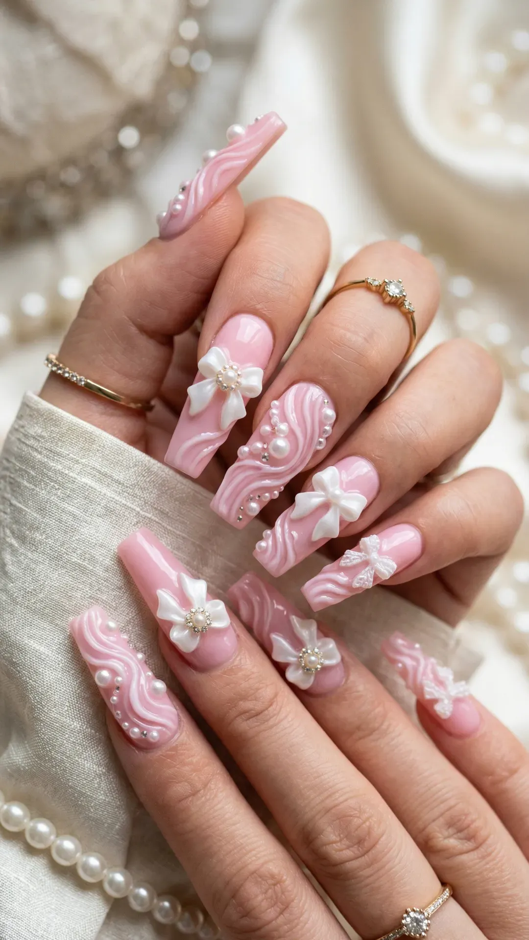 Pink 3D texture nails with bows, pearls, and sculpted gel details on long coffin nails — luxury nail art trend for 2026