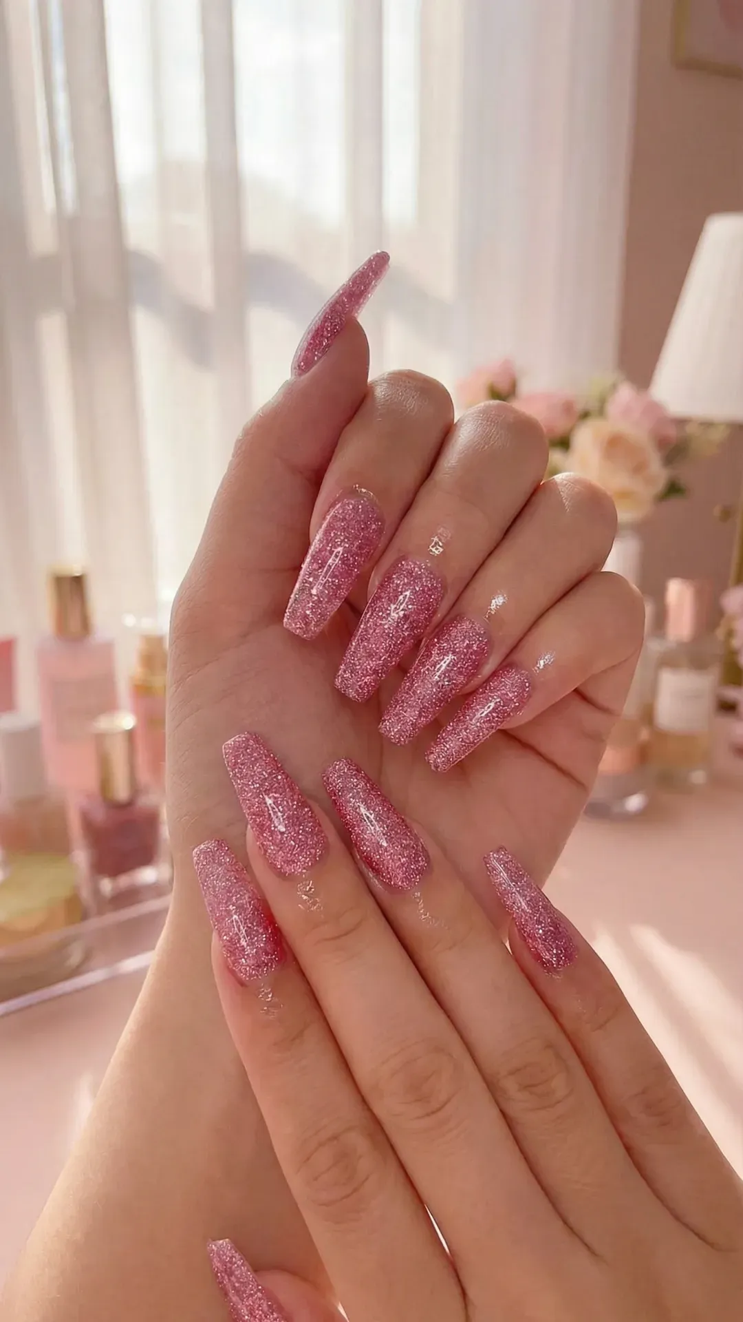 Long coffin-shaped nails fully covered in pink glitter polish, glossy glam finish