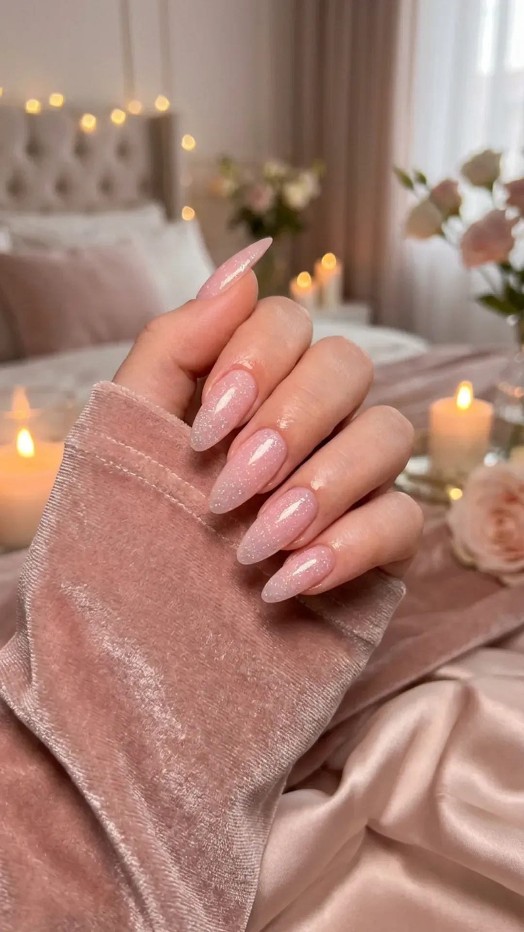 clear baby pink almond nails with micro glitter