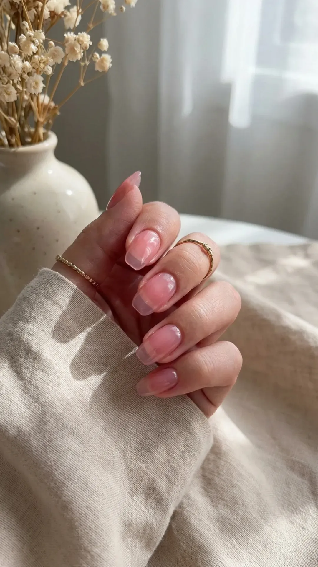 Sheer pink jelly gorgeous nails with glass effect, almond shape