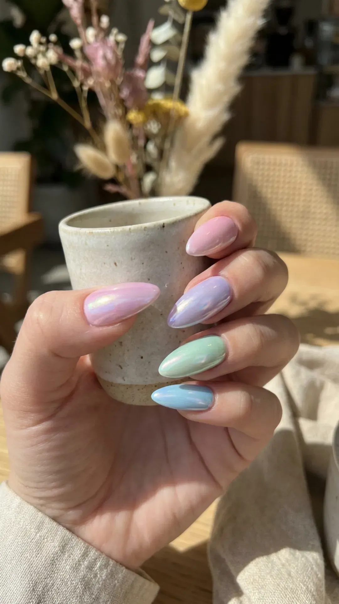 chrome pastel March nails on almond shape