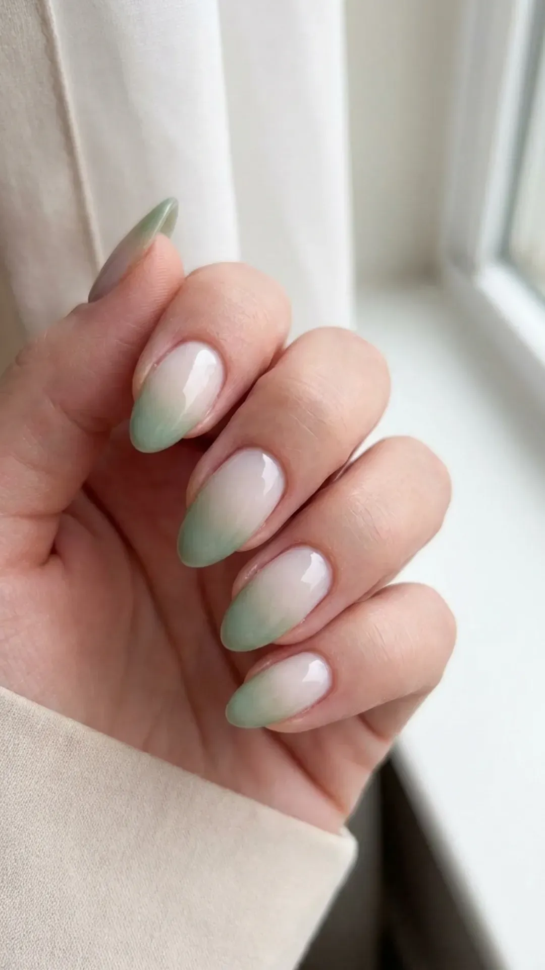 Milky sage green gradient nails soft pastel manicure