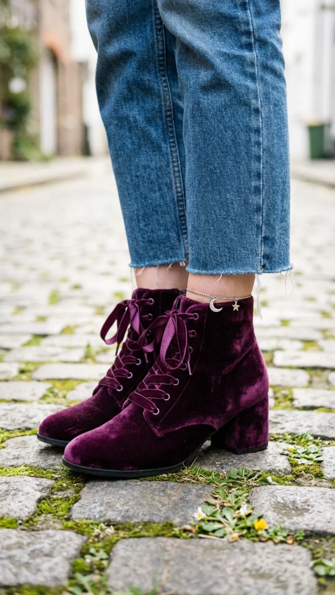 Deep plum velvet lace-up ankle boots paired with cropped blue denim jeans and a delicate silver celestial anklet on cobblestones.