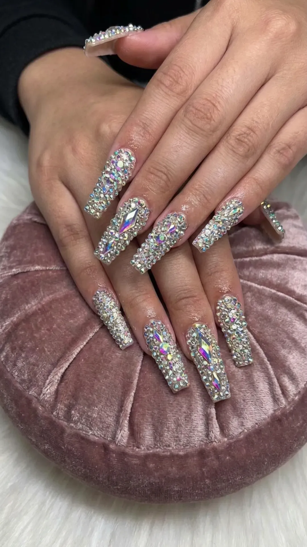 Crystal rhinestone gorgeous nails, long coffin shape glam design