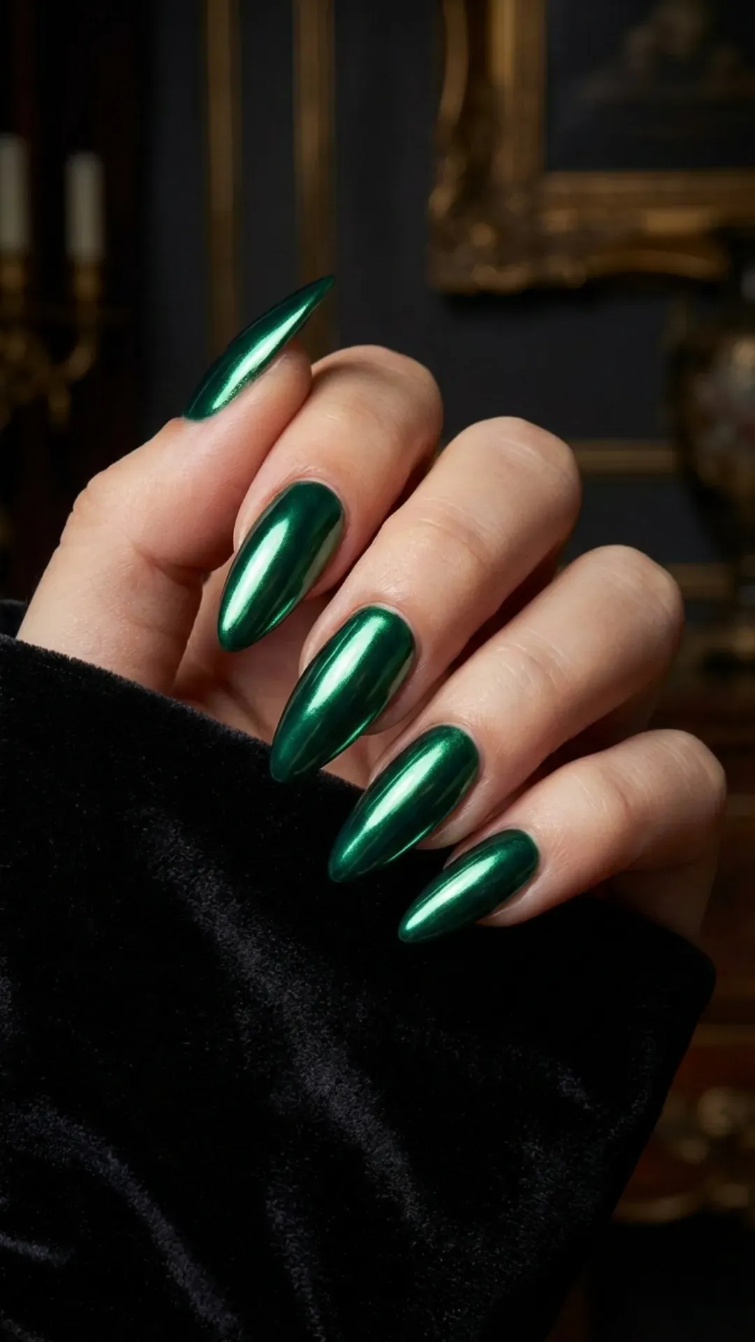 Deep emerald chrome mirror nails reflective metallic manicure