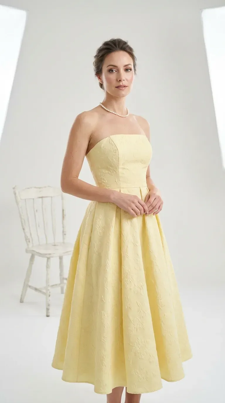 Classy Look Woman Wearing A Butter yellow Strapless Tea-Length Dress