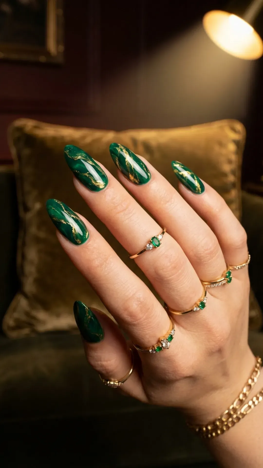 Emerald green and gold marble nail art luxury style
