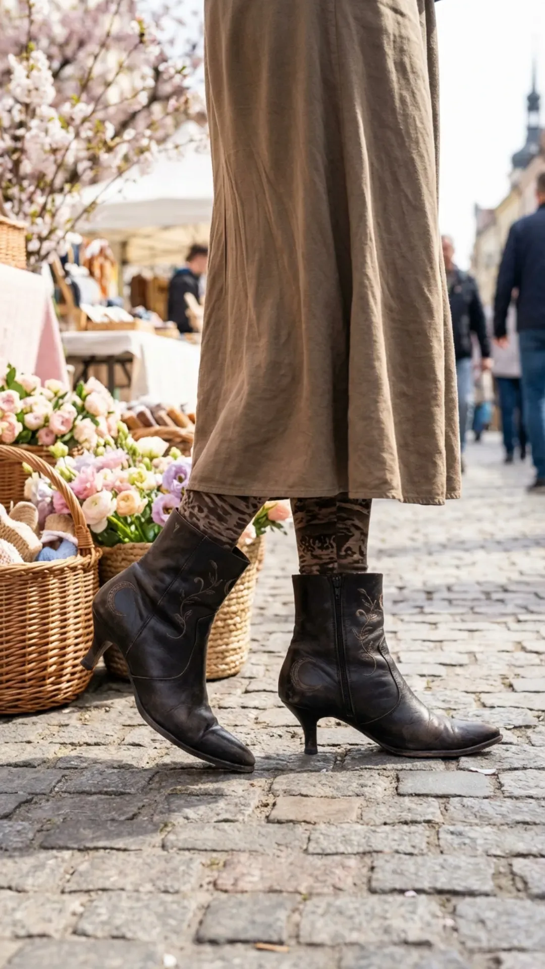 Brown distressed leather kitten-heel boots with subtle stitched patterns worn with patterned tights at a bustling spring flower market.