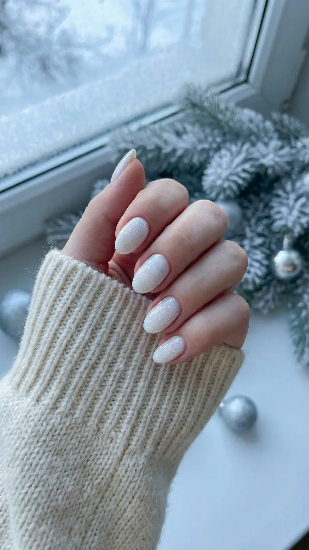 Short white glitter nails with soft shimmer, winter window background and cozy sweater