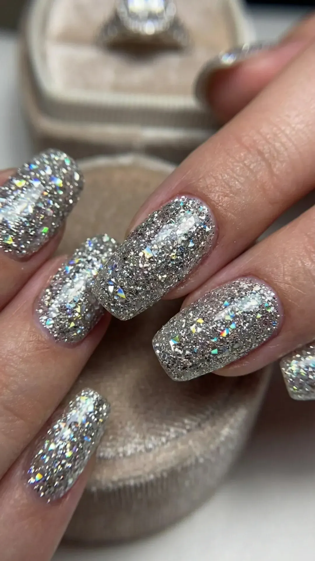 Silver diamond glitter gorgeous nails, extreme sparkle close-up