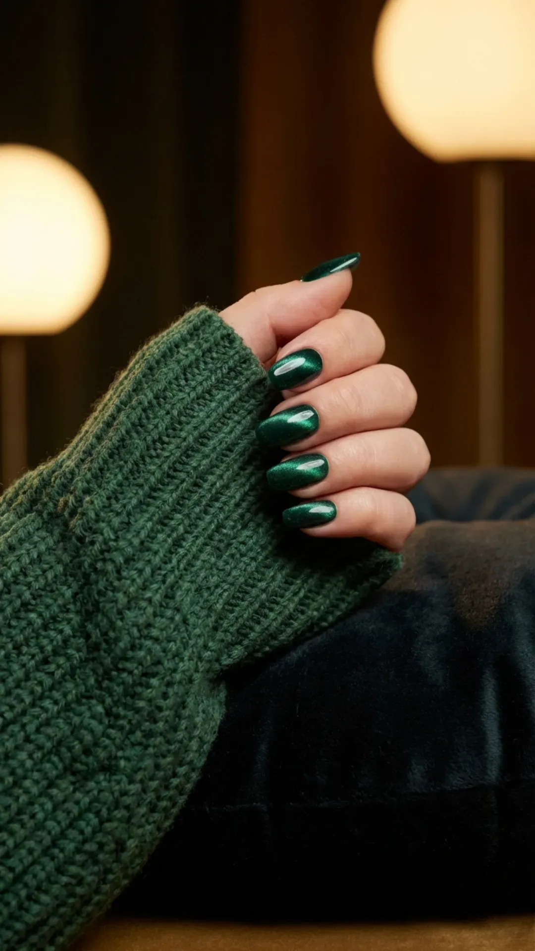 Velvet emerald magnetic nails soft light reflection