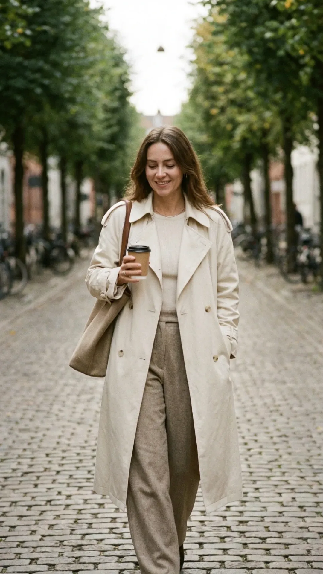Woman walking comfortably in a neutral outfit, showing how elegant style can feel relaxed, practical, and effortless in everyday life