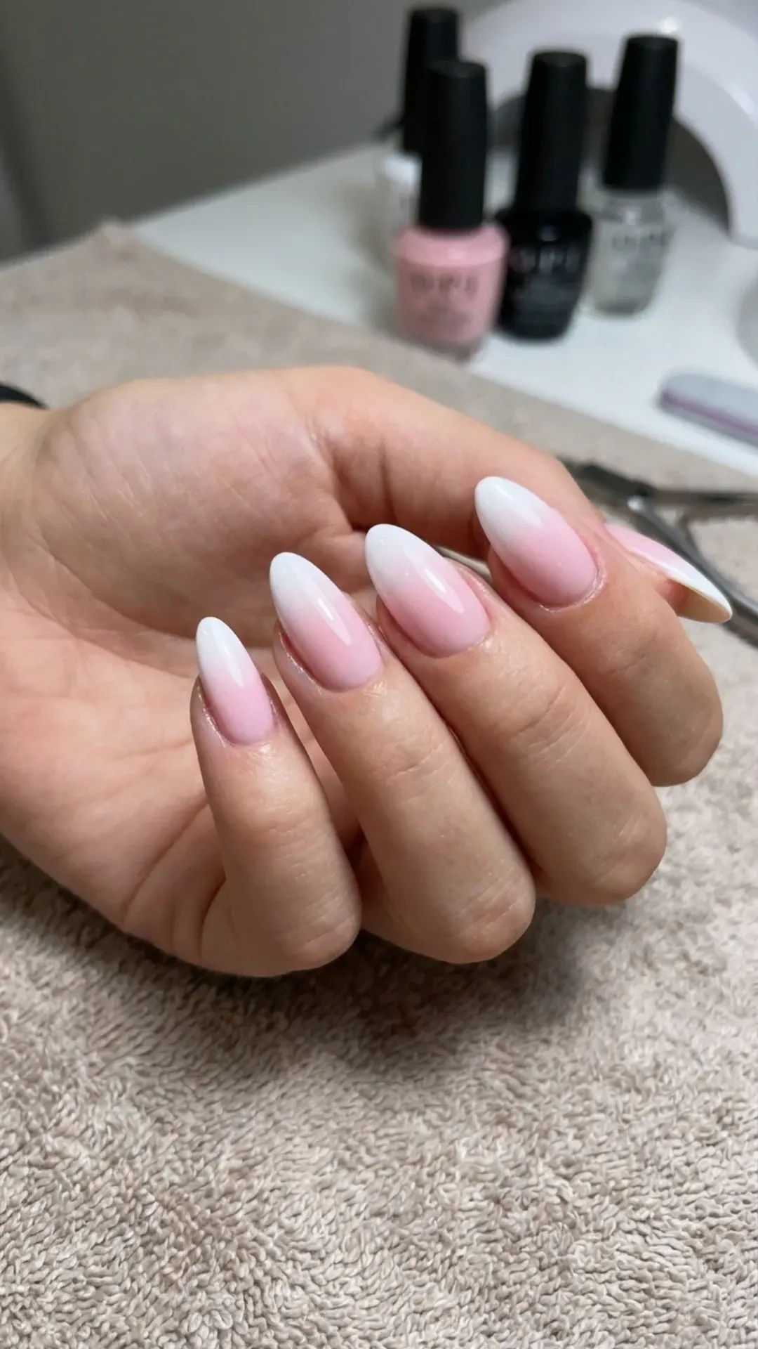 baby pink to white ombre almond nails glossy