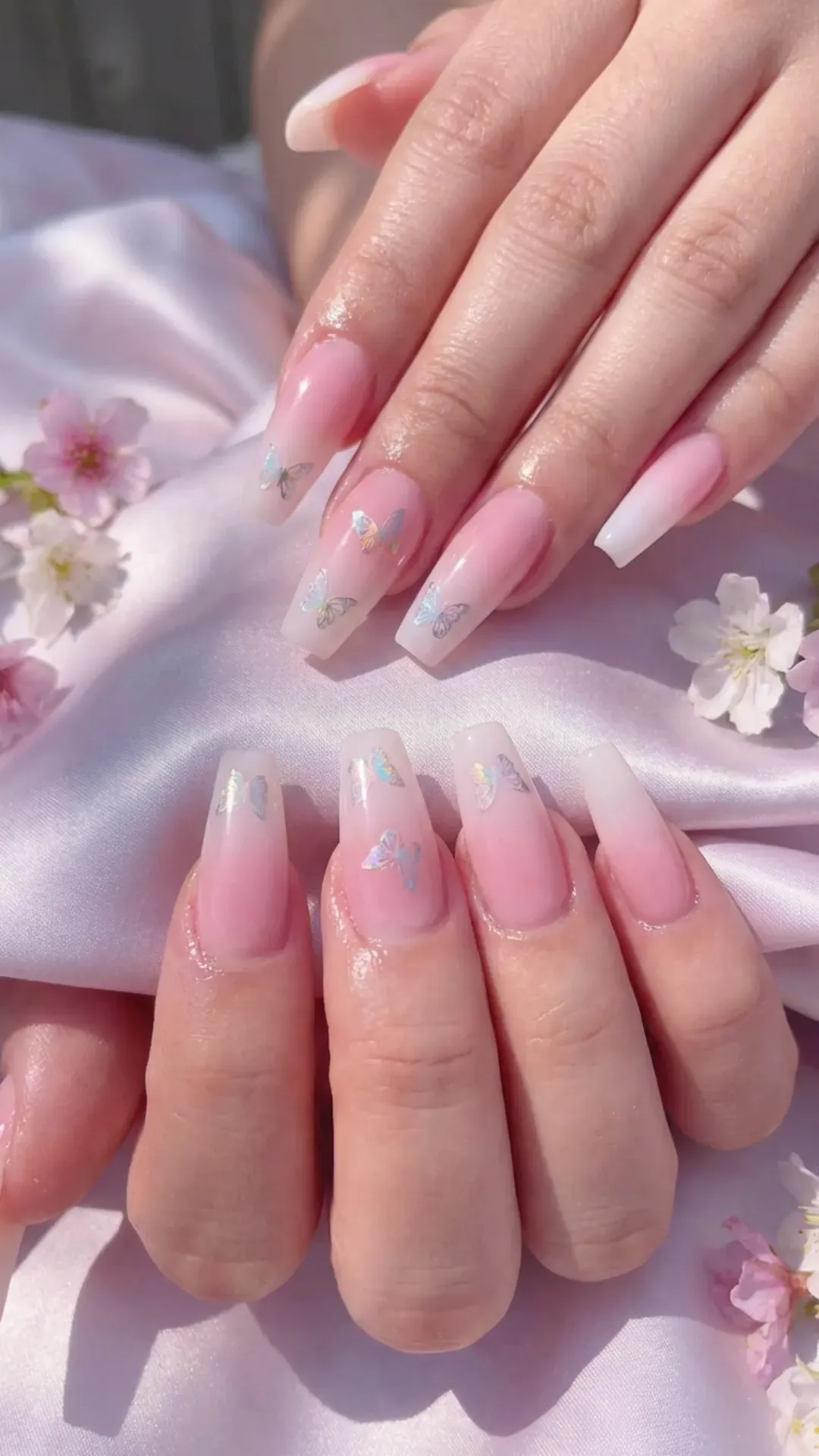 butterfly pink ombre coffin nails