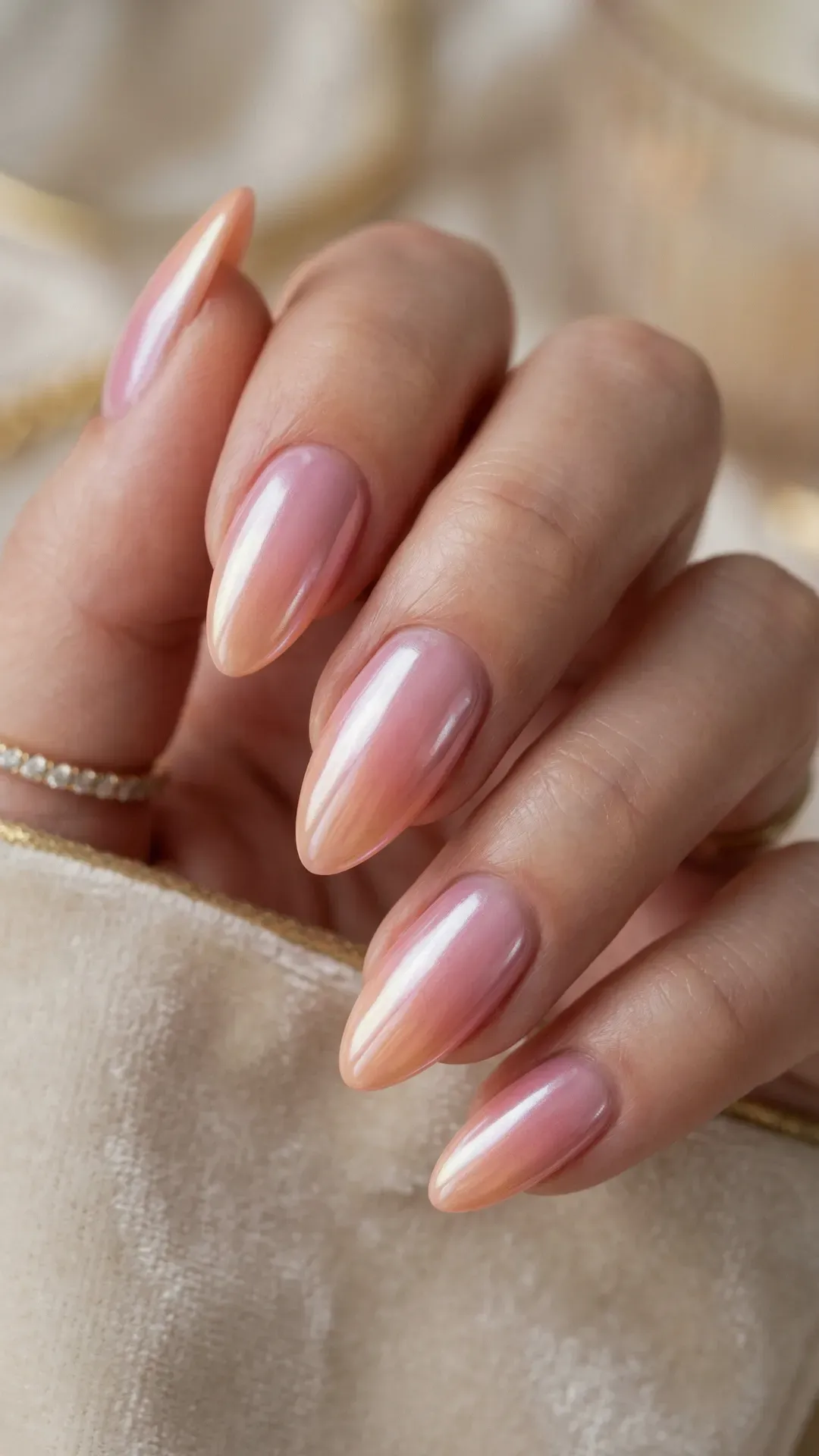 Glossy chrome aura nails with soft pink-to-peach gradient on almond-shaped manicure — trending nail design for 2026