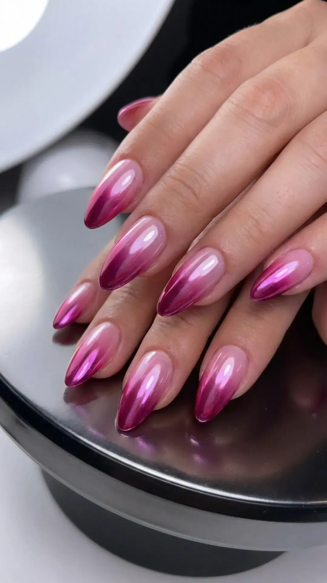 chrome pink ombre almond nails