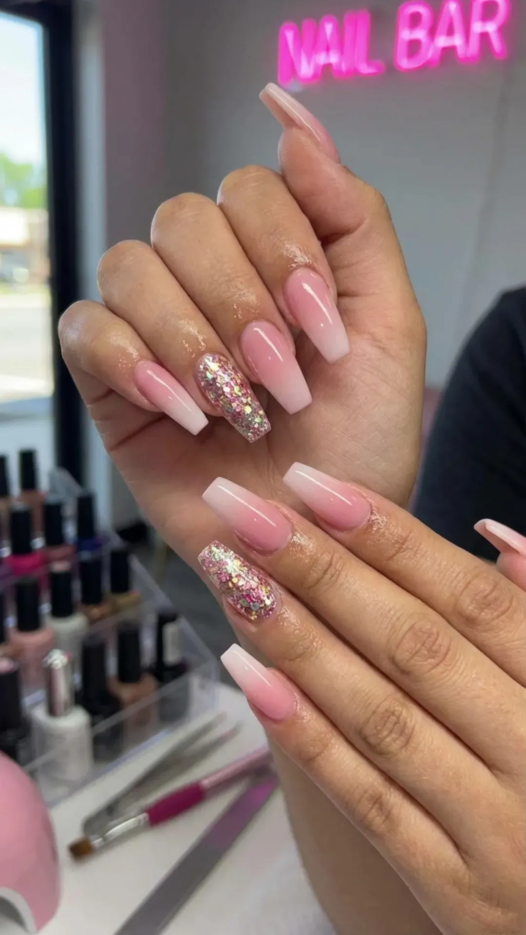 holographic pink ombre stiletto nails