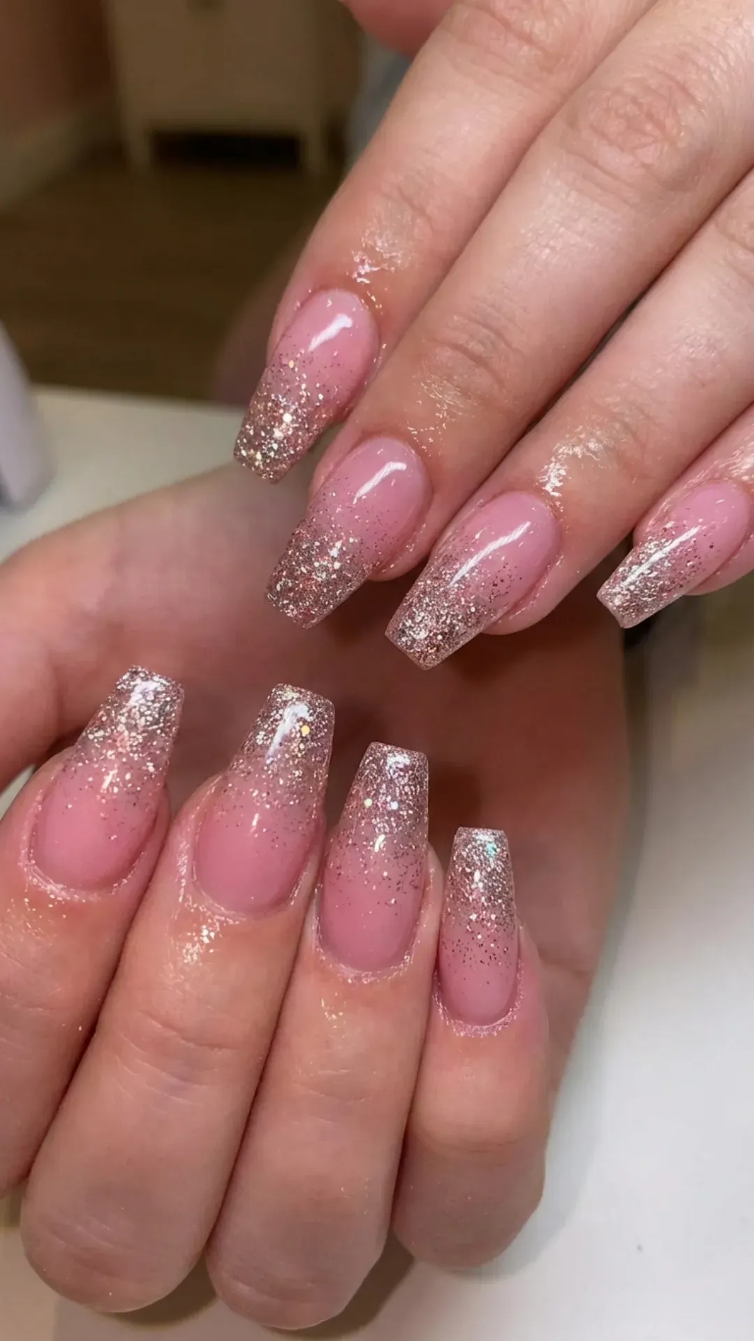 glitter tip pink ombre coffin nails