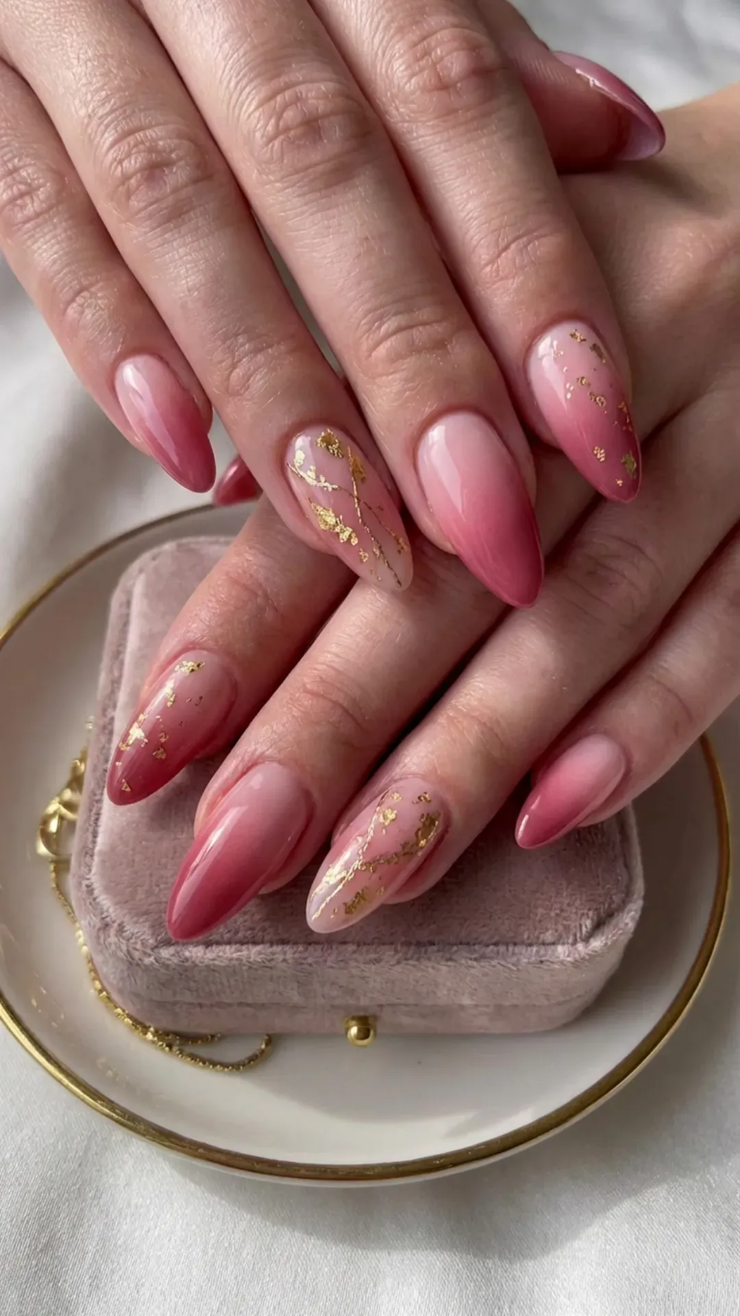 Gold Foil Pink Ombre Almond Nails