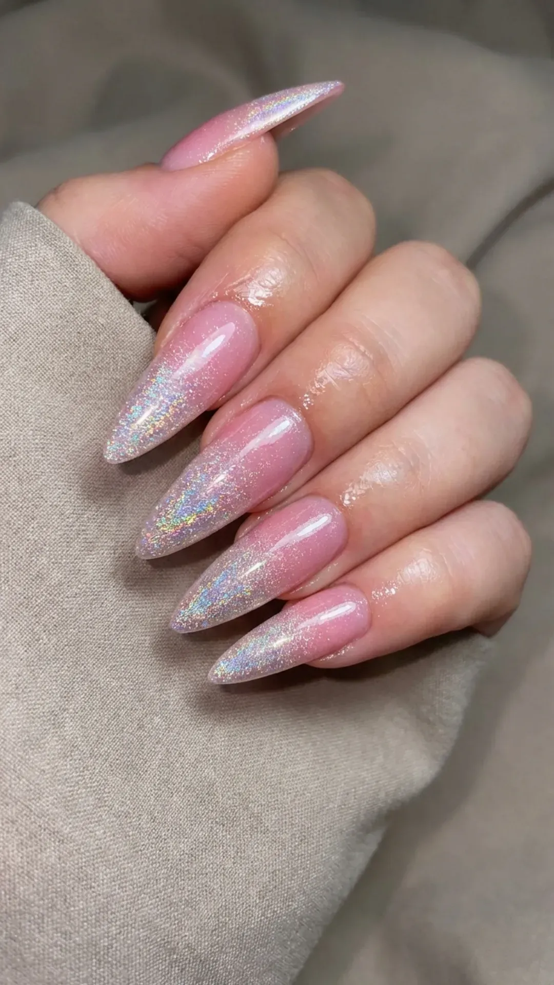  Holographic Pink Ombre stiletto nails