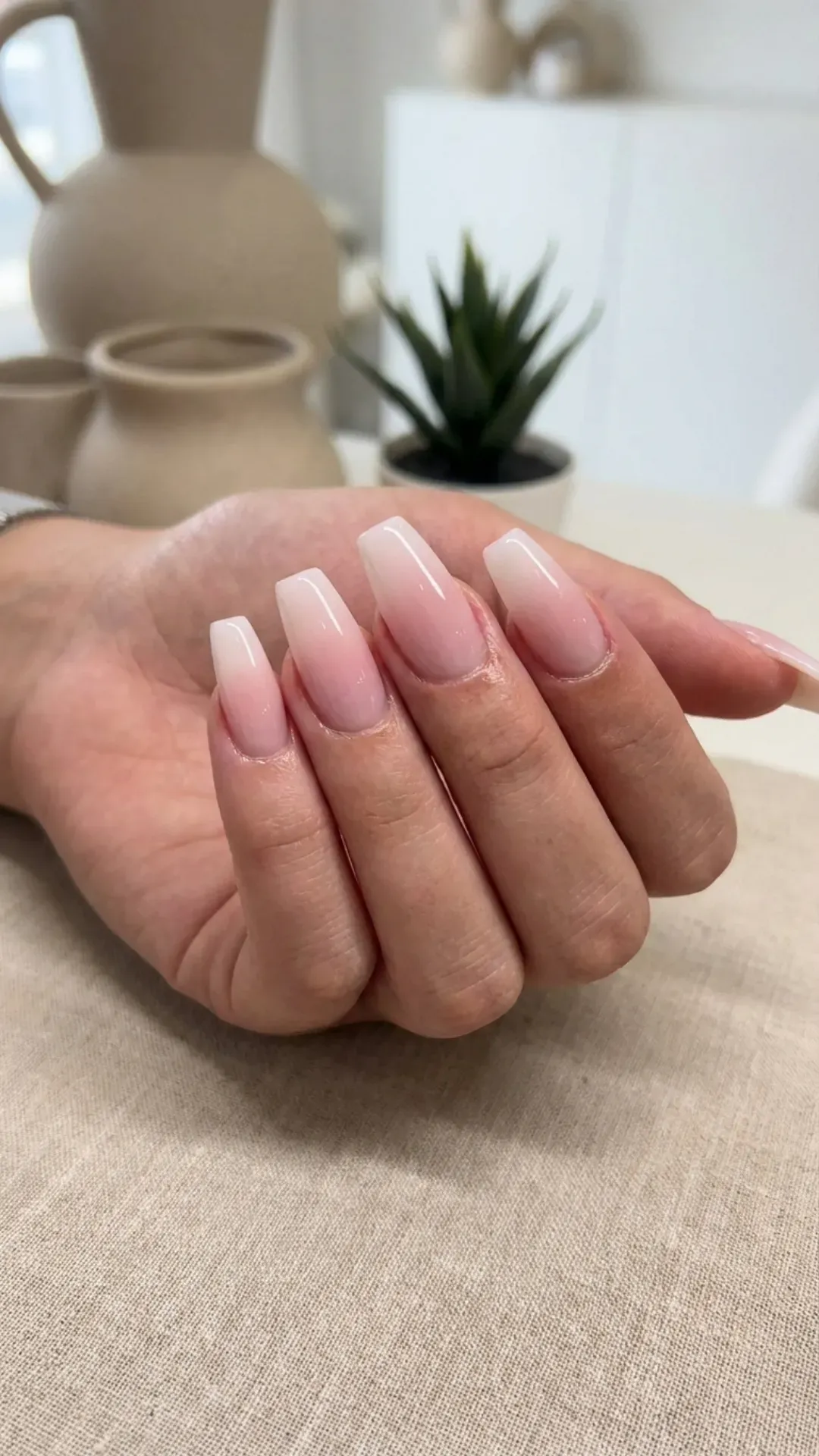 milky pink ombre coffin nails salon style
