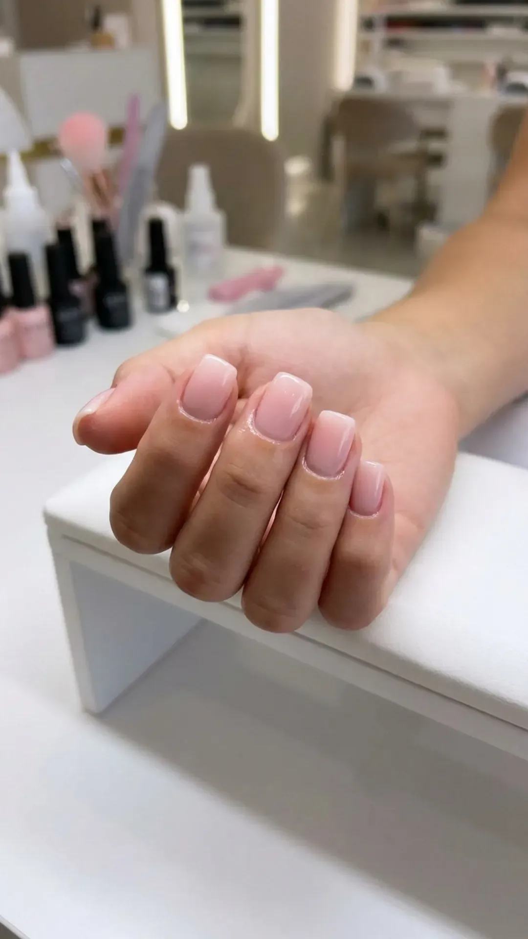 sheer blush pink ombre short square nails