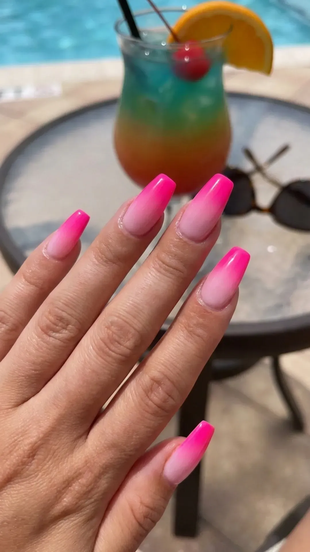 neon pink omre long coffin nails