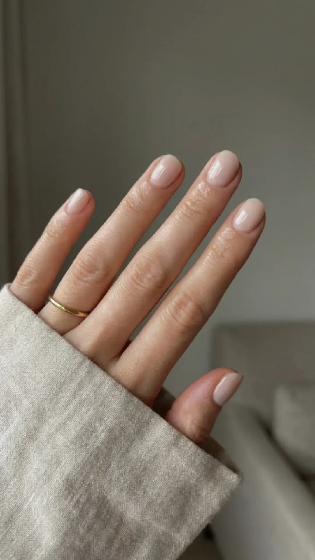 Short natural glossy nude nails with clean manicure aesthetic — minimalist nail trend popular in 2026