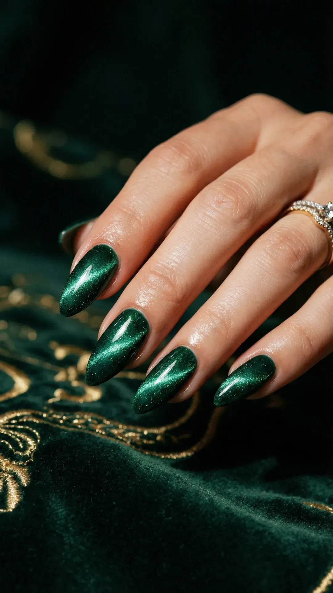 Emerald green velvet cat-eye nails with magnetic shimmer on almond-shaped manicure — bold nail trend for 2026
