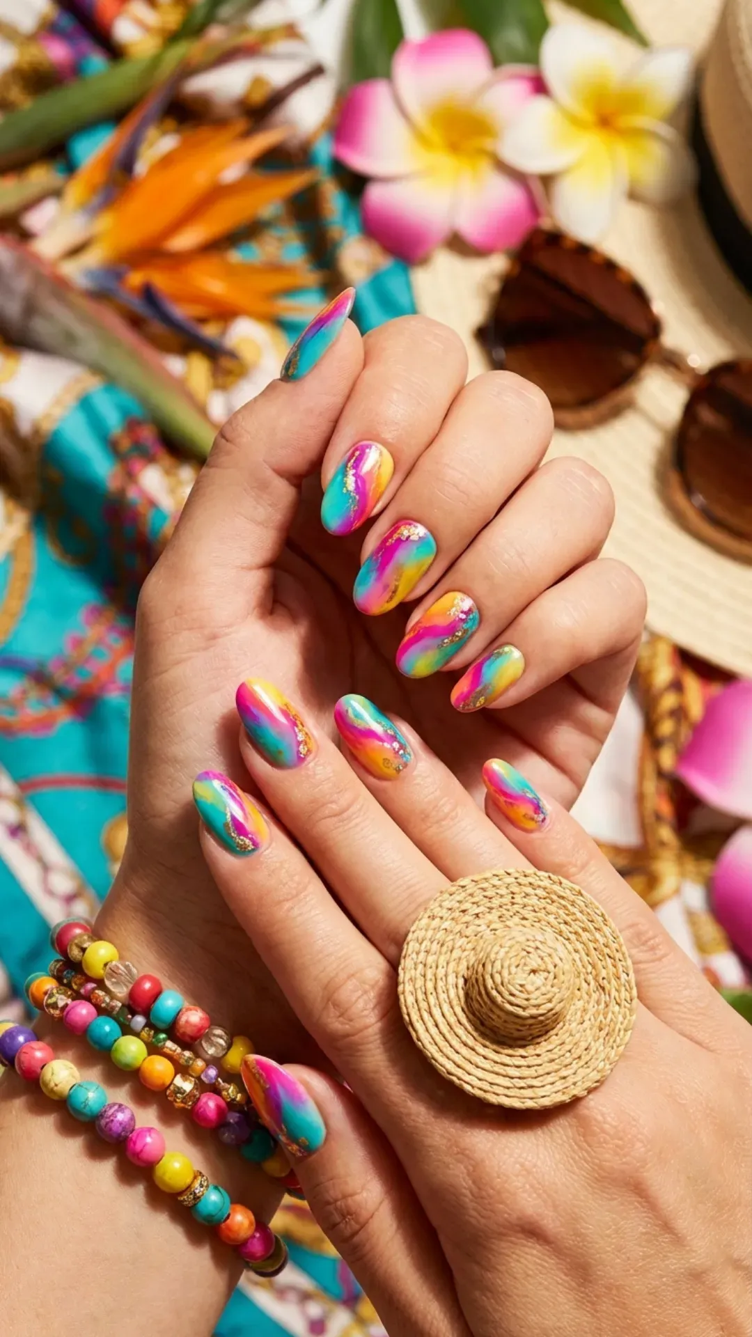 Soft pastel nails with delicate floral accents and tiny beads, evoking a springtime luxury with a gentle and elegant touch.