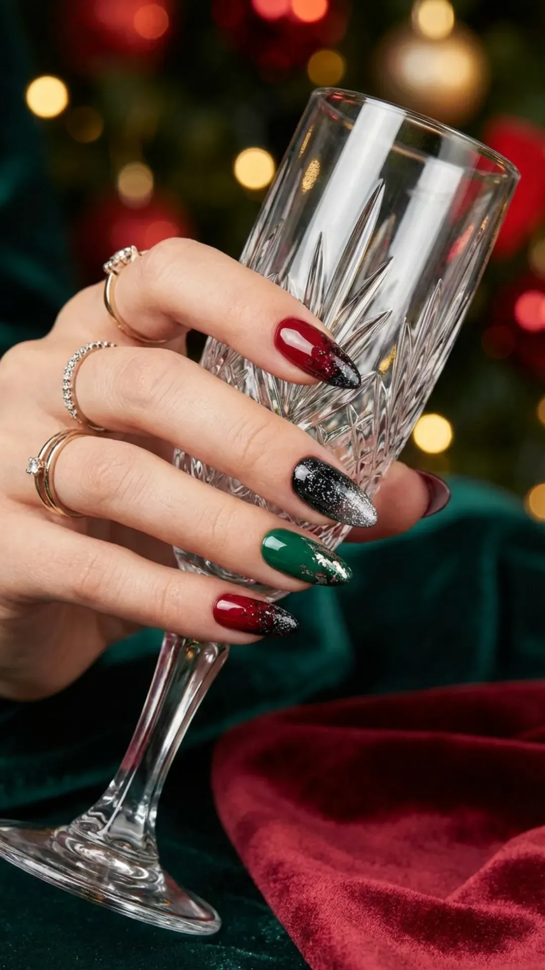 Colorful luxury nails with vibrant abstract patterns and glitter, bringing a playful and artistic touch to a high-fashion manicure.