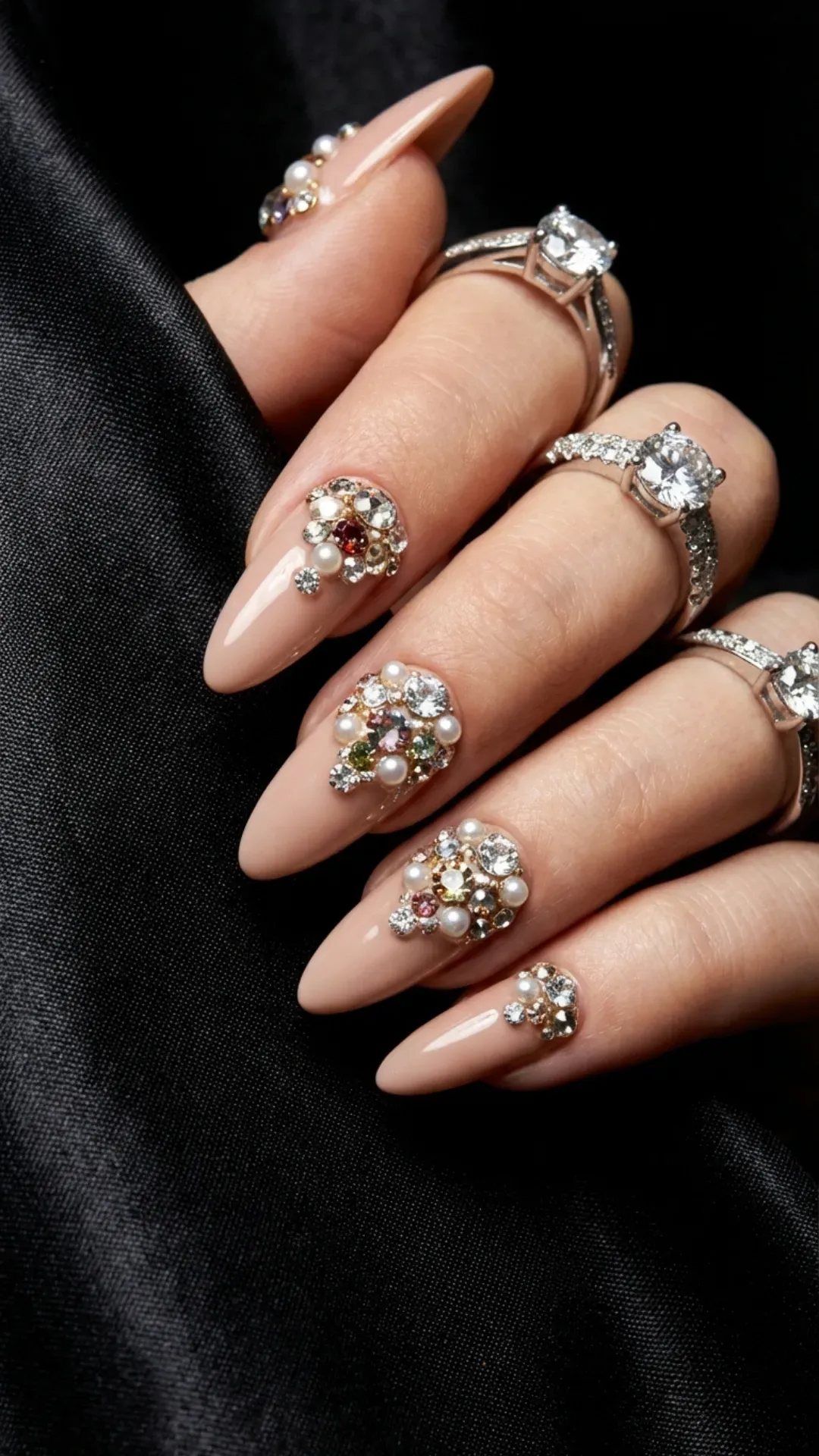 Sophisticated nude nails with diamond-like rhinestones, creating a luxurious and sparkling look for an elegant and refined style.